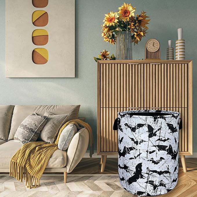 Black White Bats Laundry Basket Foldable With Handles Universal Tote Bag Oxford Cloth Funny Laundry Hamper 18.9" x 16.5" Clothes Storage Bucket Toy Organizer For Bathroom/Laundry/Bedroom