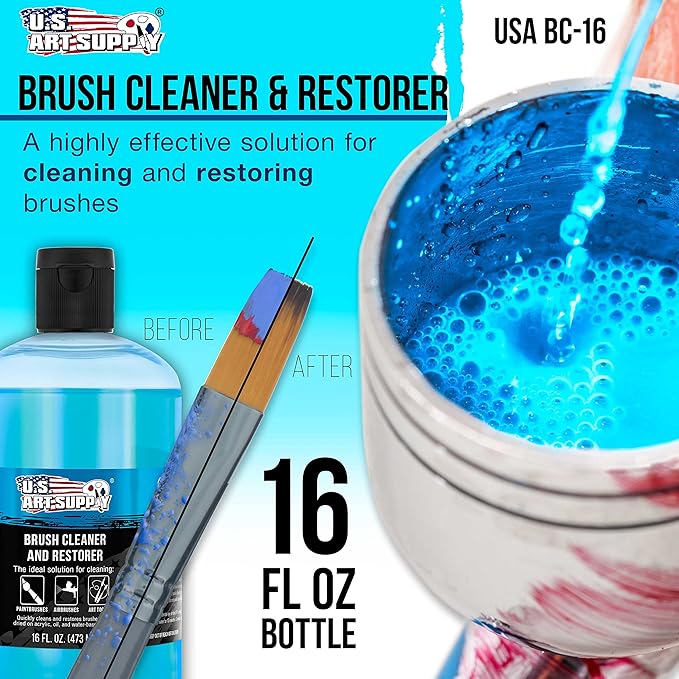 U.S. Art Supply Brush Cleaner and Restorer, 16 Ounce Bottle - Quickly Cleans Paint Brushes, Airbrushes, Art Tools - Cleaning Solution to Remove Dried On Acrylic, Oil and Water-Based Paint Colors