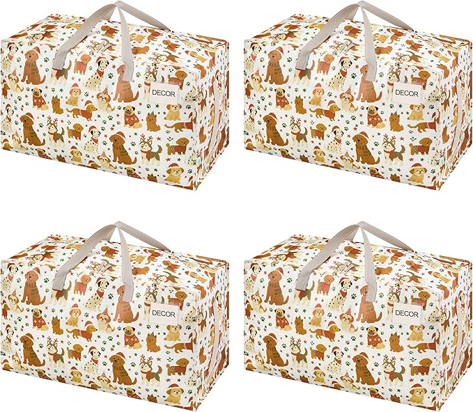 VENO 4 Pack Moving Bags and Large Christmas Decoration Storage Bins with lids. Alternative to Moving Boxes, Packing Supplies for College. Heavy Duty Totes (Holiday Pups, 4 Pack)
