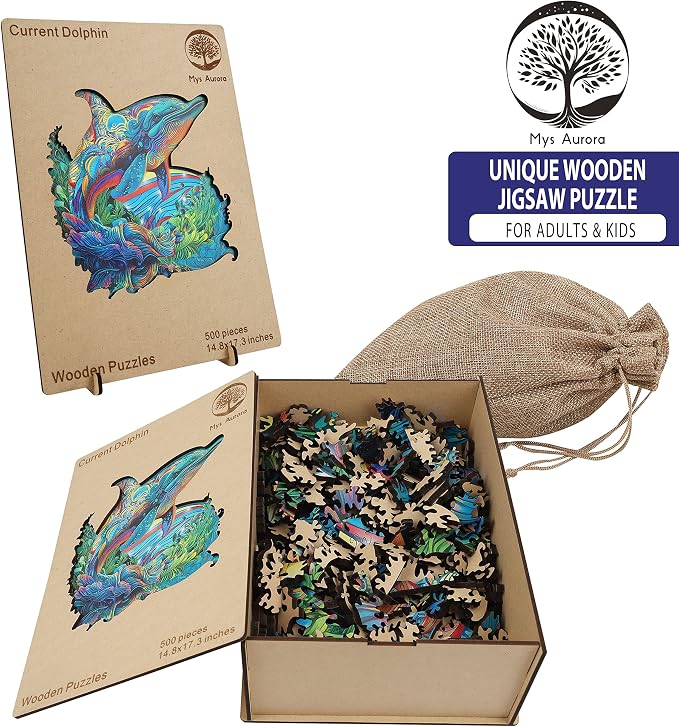 Mys Aurora Wooden Puzzles, Dolphin Jigsaw Puzzles 500 Pieces | Unique Shaped Wooden Puzzles for Adults and Kids, Family Game 17.3 x 14.8 Inch