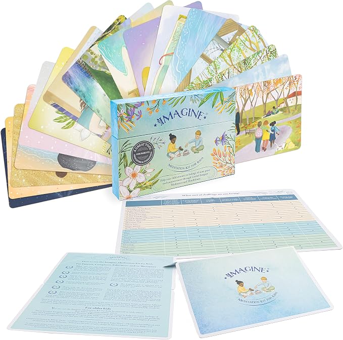 Imagine Meditation Kit for Kids - Award-Winning Mindfulness kit of XL Cards with Calming Guided Meditations for Empowerment, Focus and Relaxation. Great for Parents, Teachers and Therapists.