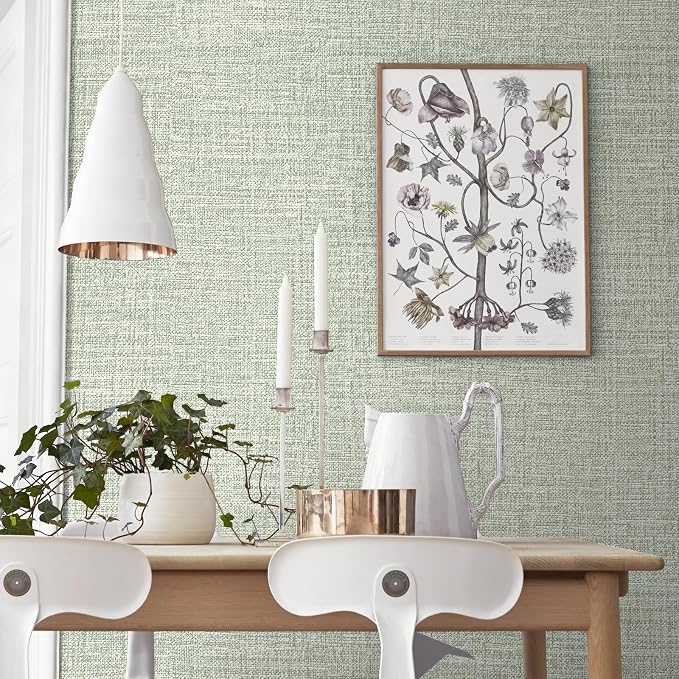 Green Grasscloth Peel and Stick Wallpaper 17.3"x300" Faux Linen Textured