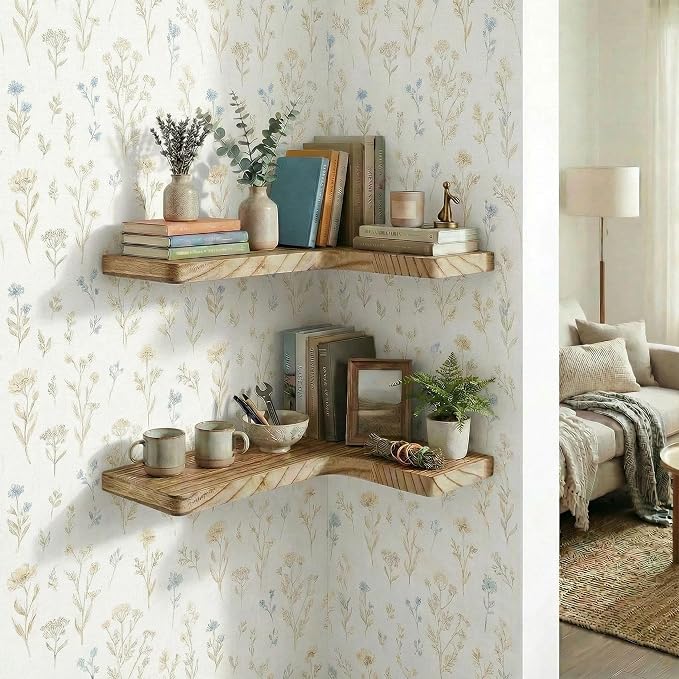16 Inch Solid Wood Floating Corner Shelves 3 Pack