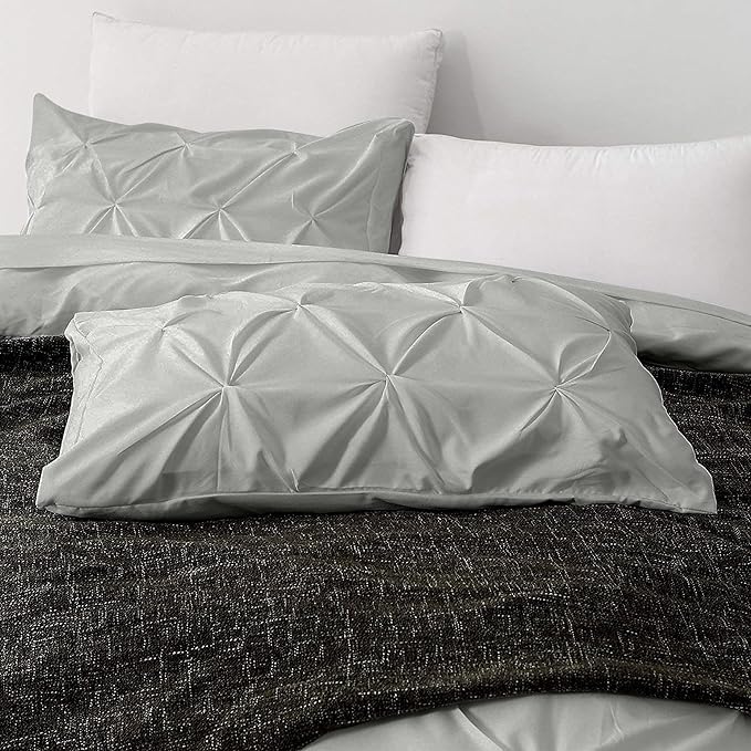 Pinch Pleated Duvet Cover Set 100% Cotton 3PC Super King Size 98x108 Duvet Cover Set, Decorative Pinch Design Silver Grey Duvet Cover with Matching Pillow Case