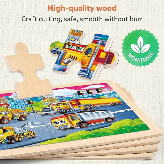 SYNARRY Large Wooden Construction Vehicle Puzzles for Kids Ages 4-6 | Monster Truck Puzzles for Kids Ages 3-5, Birthday Gifts for Boys & Girls, Educational Construction Toys, Screen-Free Play