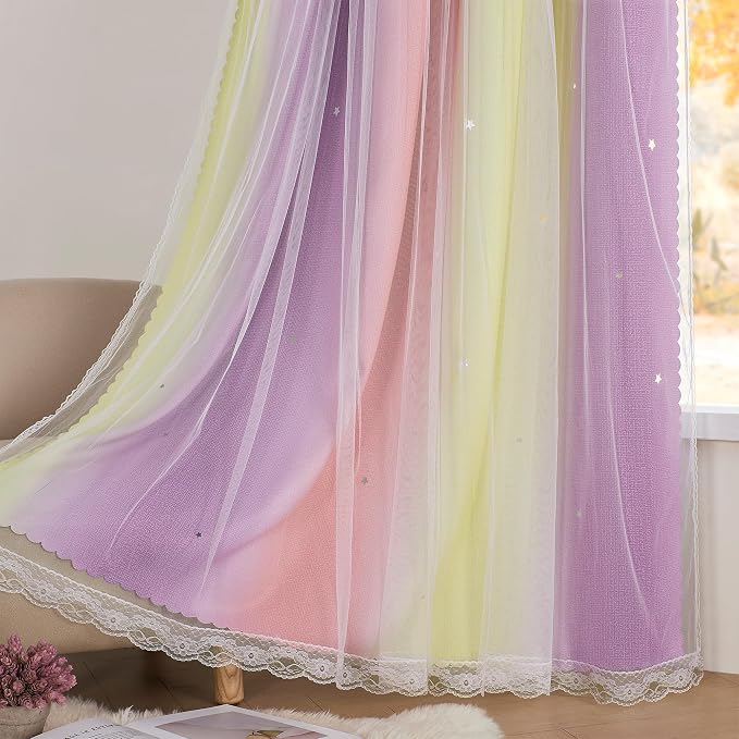 XiDi Pink Curtains for Bedroom Decor Blackout Curtains for Girl Room Rainbow