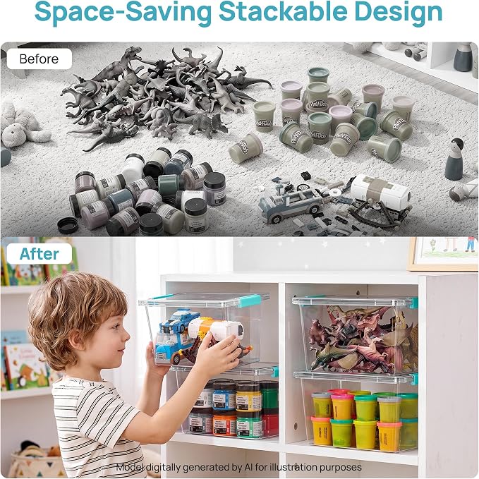 Vtopmart 4 Pack 5 Qt Clear Storage Bins with Lids for Toy & Craft Storage | Stackable Plastic Toy Bin for Home, Classroom, Plastic Art & Craft Storage Container, BPA-Free Organizer Box