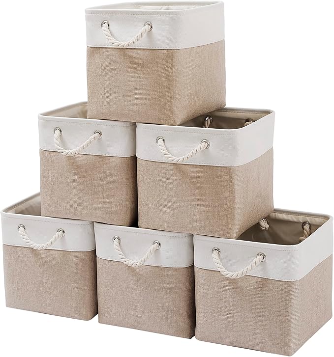 11 x 11 Inch Cube Storage Bins, 6 Pack Large Collapsible Fabric Storage Bin with Ropes, Foldable Storage Cubes for Home, Office,Closet, Clothes, Toys Organizer (White & Beige-11"x11"x11")