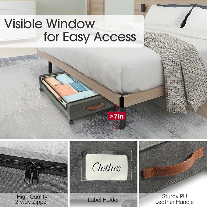 Rolling Under Bed Storage with Clear Window, 60L, 4 Pack – Grey