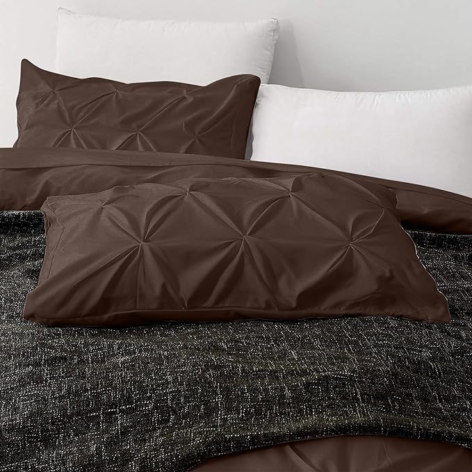 Pinch Pleated Duvet Cover Set 100% Cotton 3PC Super King Plus Size 120x120 Duvet Cover Set, Decorative Pinch Design Brown Duvet Cover with Matching Pillow Case