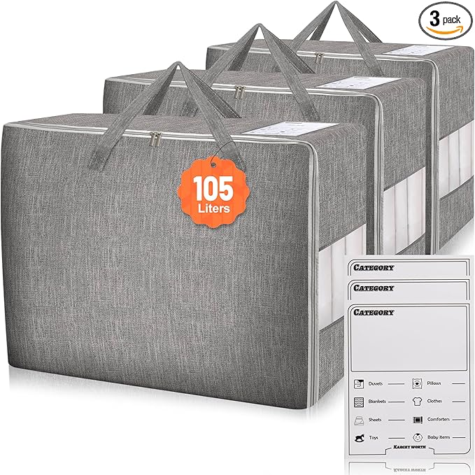 3 Pack 105L Comforter Storage Bags, Extra Large Bedding Storage Bags with Card and Clear Window, Reinforced Handles & Zippers, Foldable Closet Organizers for Blanket Pillow Clothes