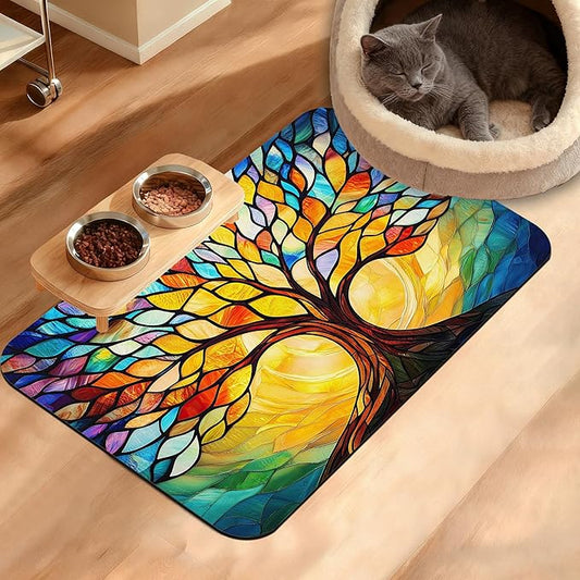 Tree of Life Feeding Mat,Colorful Tree Absorbent Quick-Dry Cat Dog Food and Water Bowl Mats,Non-Slip Rubber Backing Mat,Cat Dog Accessories Supplies 16" x 24"