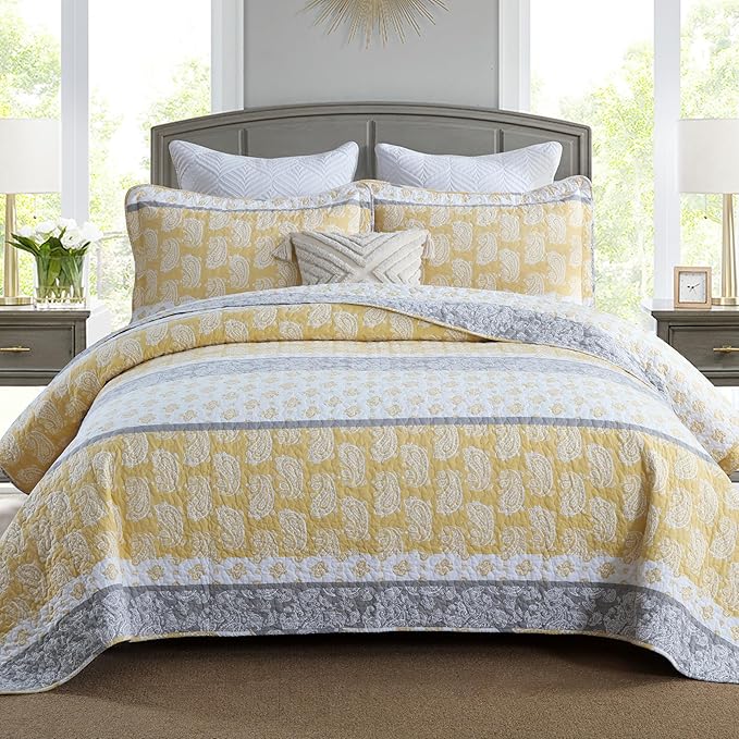 Quilt King Size, Cotton King Size Comforter Set, Yellow Grey White Bedding, Farmhouse Striped Bed Set, Lightweight Bedspread All Seasons 3 Piece