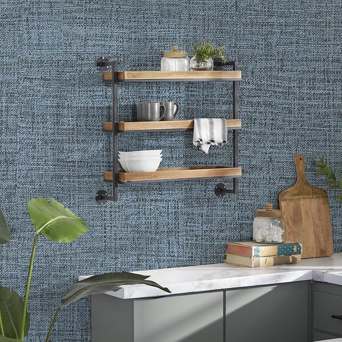 Blue Gray Grasscloth Peel and Stick Wallpaper 17.3"x1200" Faux Linen Textured