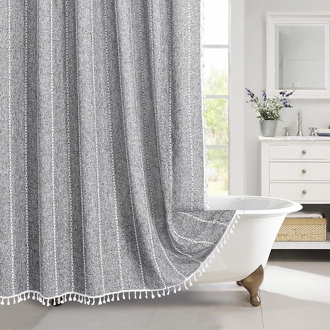 MitoVilla Dark Grey Boho Extra Long Shower Curtain 72 x 84, Dark Grey Modern Farmhouse 84 inch XL Polyester Linen Fabric Shower Curtain Set with Hooks for Cottagecore Country Bathroom Decor