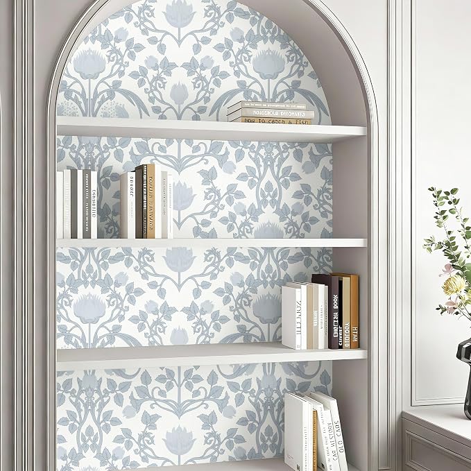YXTII 17.3" × 393.7" Blue Floral Peel and Stick Wallpaper, Damask Vintage
