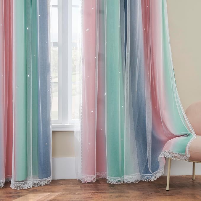 XiDi Pink Green Grey Kids Room Curtains, 1 Panel