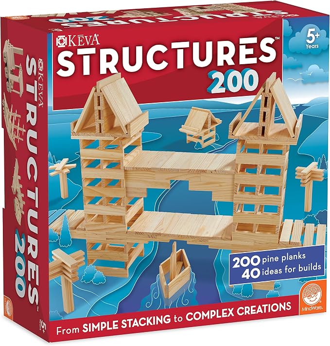 KEVA Structures 200 Wood Building Planks Set - Building Toy Includes 200 Wooden Blocks and Idea Book - Ages 5 and Up