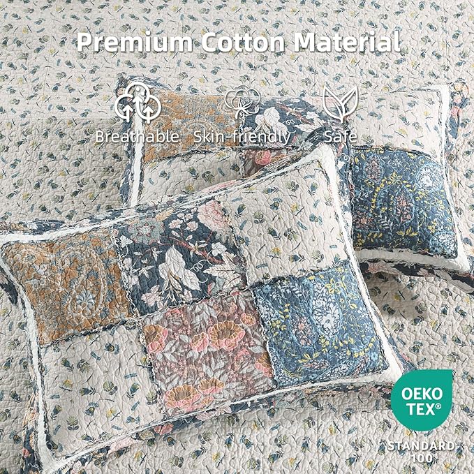 Yvooxny 3-Piece Quilt Set King Size Quilted Bedspread Reversible Country Style Blue Floral Paisley Real Patchwork Bedding Quilt Set with Ruffles with Pillowcases for All Seasons, 108 * 96 Inches