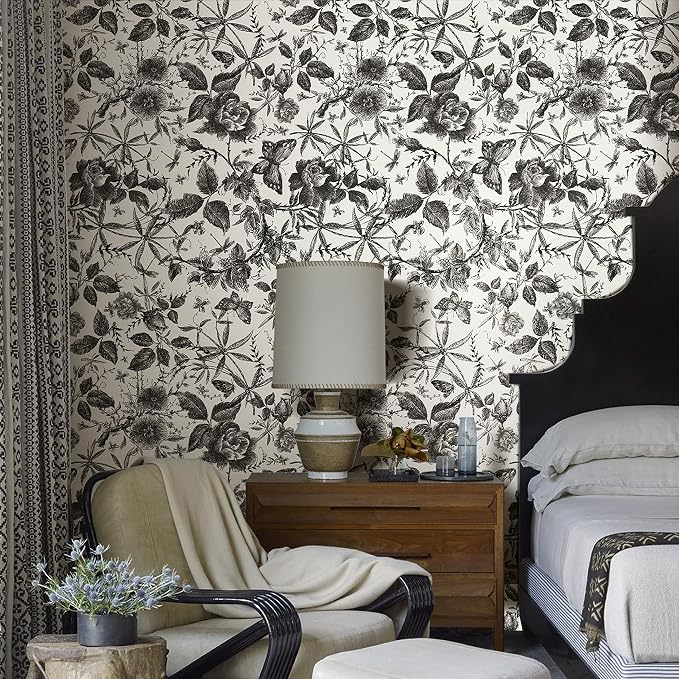 JiffDiff Floral Vintage Wallpaper Peel and Stick Wall Stick Black Rose