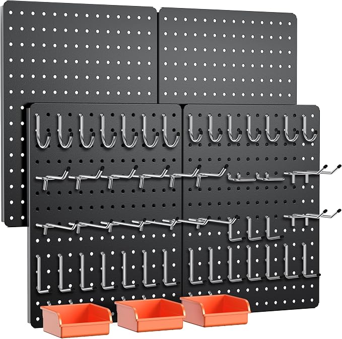 Peg Board, 110pcs Metal Pegboard Kit, Includes 4 Pack Black Peg Board Panels with Accessories and Hook Locks, Large Heavy Duty Peg Boards for Walls Home, Garage Tool Storage, Workbench