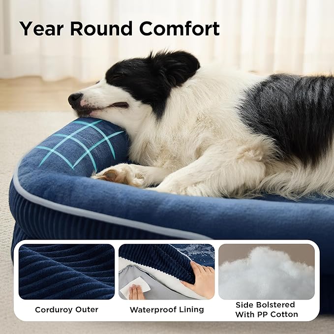 Bedsure Orthopedic Dog Bed Medium Size Dog - 360° Oval Bolster Medium Dogs Beds for Senior Dogs with Waterproof Washable Cover, Comfort Pet Sofa Couch with Ultra-Soft Fleece, Navy Blue, 30"