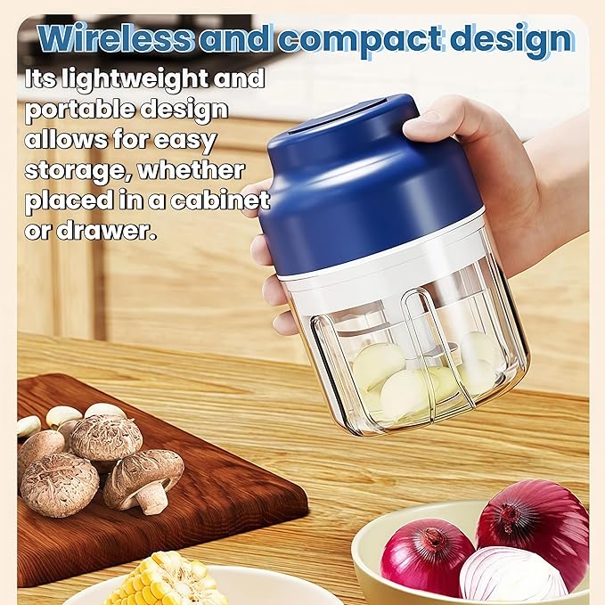 2026 Upgrade Electric Garlic Chopper Mini, 320 ml Small Garlic Chopper Mincer with 6 Stainless Steel Blades, Portable Rechargeable Cordless Chopper for Onion,Chili,Ginger,Nuts,Meat & Fruits (Blue)