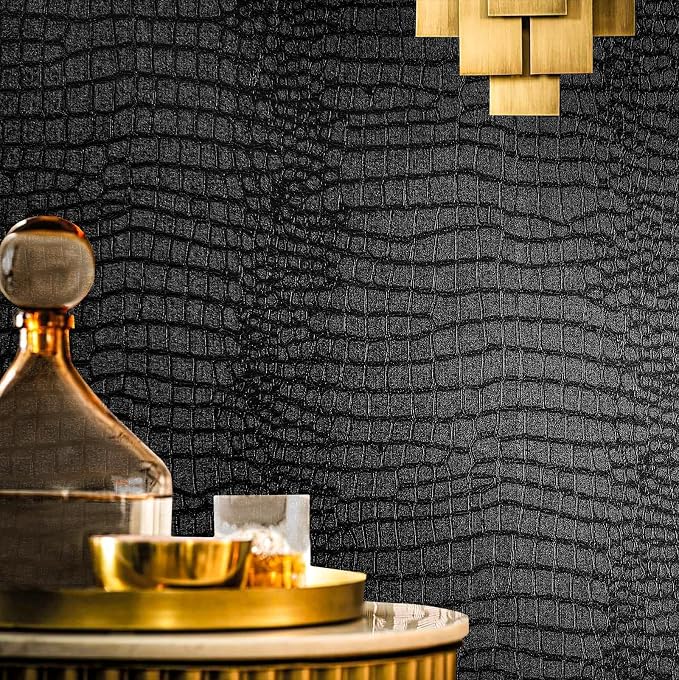 Fititem Black Peel and Stick Wallpaper 118inL 17.3inW Modern Black Crocodile