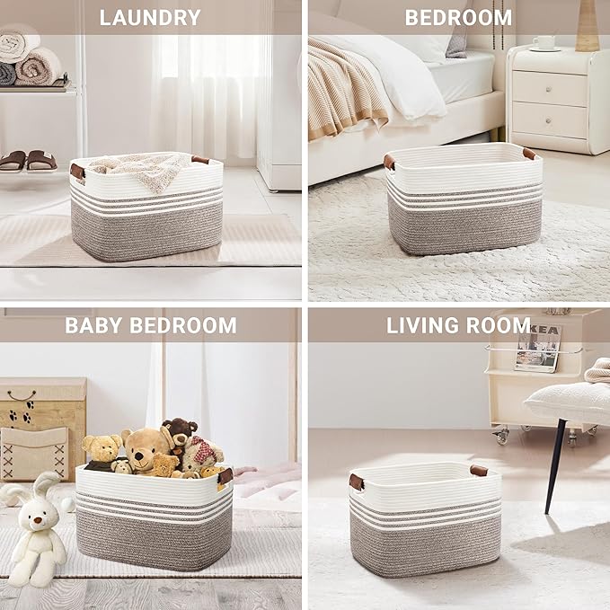 45L Small Laundry Basket with Leather Handles for Living Room Storage, Woven Rope Baskets Bin for Blanket, Kids Toy, Gifts, Wicker Hamper for Bedroom Dirty Clothes, 18"x14"x11" Dark Brown