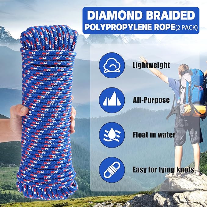 100 ft 3/8 Inch Diamond Braided Polypropylene Rope, Poly Clothesline, All-Purpose Utility Cord Tie Down Ropes for Craft Marine Boat Camping Indoor Outdoor, Green&Blue