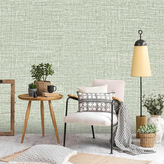 Green Grasscloth Peel and Stick Wallpaper 17.3"x300" Faux Linen Textured