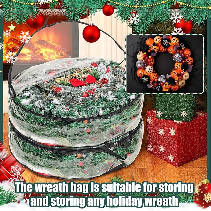 Shappy 10 Pcs 36 Inch Christmas Wreath Storage Container Clear Wreath Storage Bags PVC Waterproof Garland Bags with Clear Window Dual Zippers and Handles for Xmas Holiday Artificial Garland (Black)