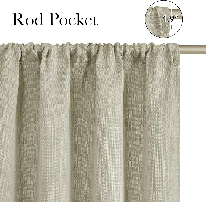 NICETOWN Beige Faux Linen Room Darkening Rod Pocket Curtains 63 inch Length
