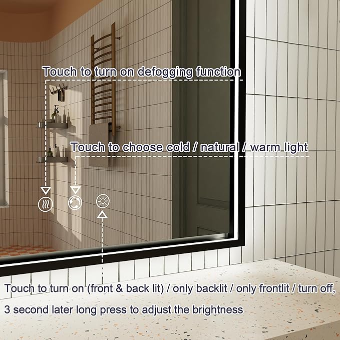 24x32 Inch LED Bathroom Mirror with Front & Back Lights, Adjustable 3000K/4500K/6000K, Wall Mounted Black Lighted Bathroom Vanity Mirrors, Dimmable, Memory, Anti-Fog, Horizontal/Vertical