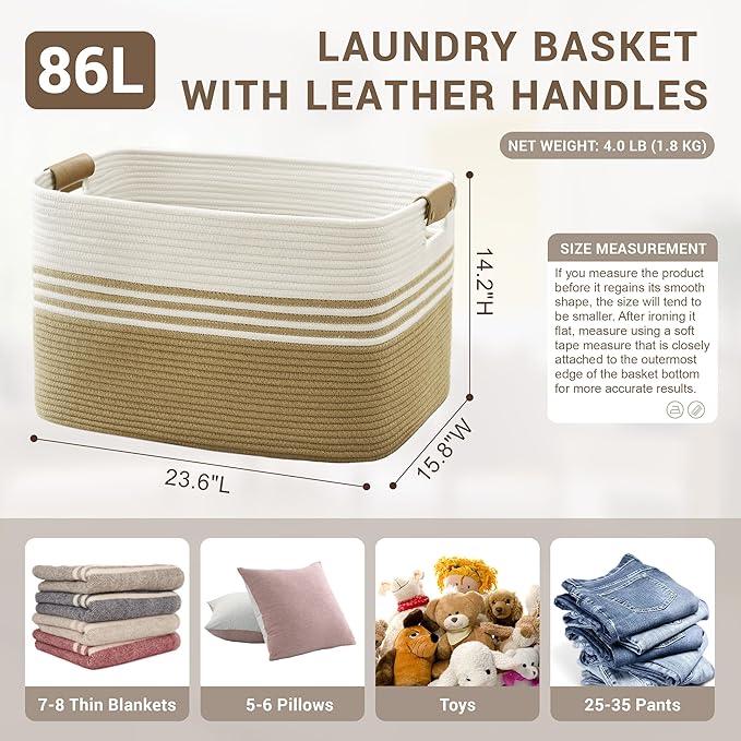 86L Extra Large Laundry Basket with Leather Handles for Living Room Storage, Woven Rope Baskets for Blanket, Kids Toy, Gifts, Wicker Hamper for Bedroom Dirty Clothes, 24"x16"x14" Khaki