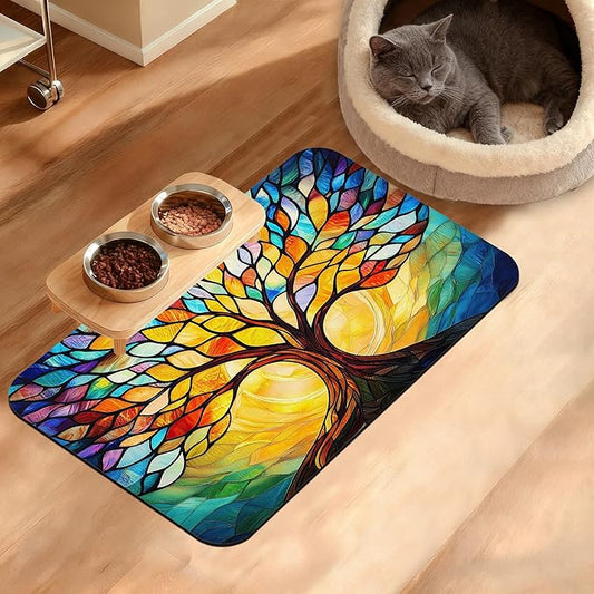 Tree of Life Feeding Mat,Colorful Tree Absorbent Quick-Dry Cat Dog Food and Water Bowl Mats,Non-Slip Rubber Backing Mat,Cat Dog Accessories Supplies 12" x 20"