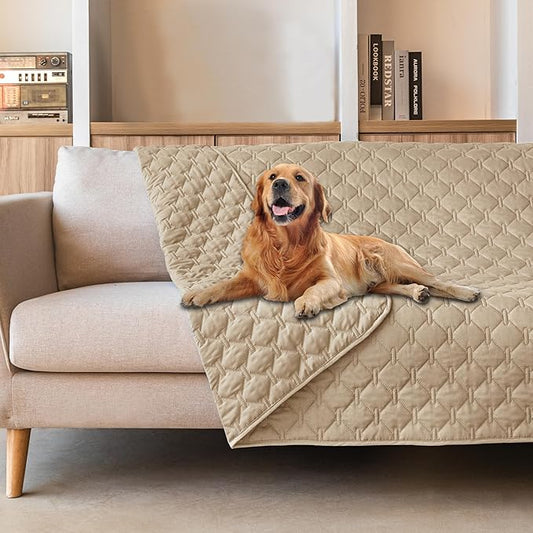 gogobunny 3X Stronger Waterproof Pet Blanket, Scratch Proof Furniture Protector for Dogs Cats, Reversible Cover 68x82 Inch, Dark Beige