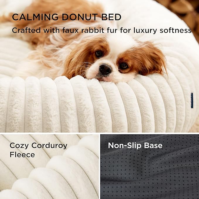 Bedsure Donut Large Dog Bed 23x23x7 inches with Waterproof Dog Blankets for Medium Dogs 25"x35", Cream