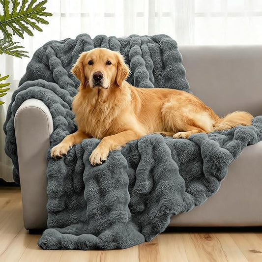 Waterproof Dog Blanket for Sofa Bed Couch, Couch Cover Blanket Fluffy Faux Rabbit Fur Reversible Furniture Protection, Pet Blanket for Medium Large Dogs Cats
