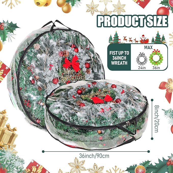 Shappy 4 Pcs 36 Inch Christmas Wreath Storage Container Clear Wreath Storage Bags PVC Waterproof Garland Bags with Clear Window Dual Zippers and Handles for Xmas Holiday Artificial Garland (Black)