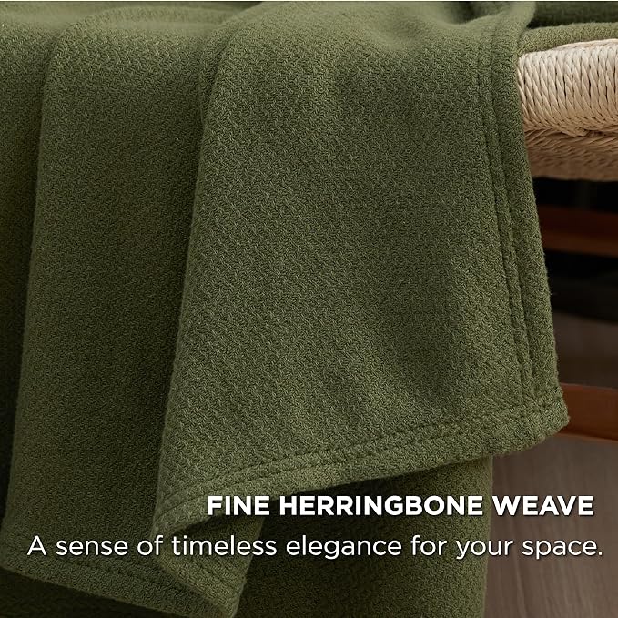 Bedsure 100% Cotton Blanket King Size for Bed - Breathable and Lightweight, Soft Cozy Textured Herringbone Woven Blanket for Summer Spring, Olive Green, 108x90 inches