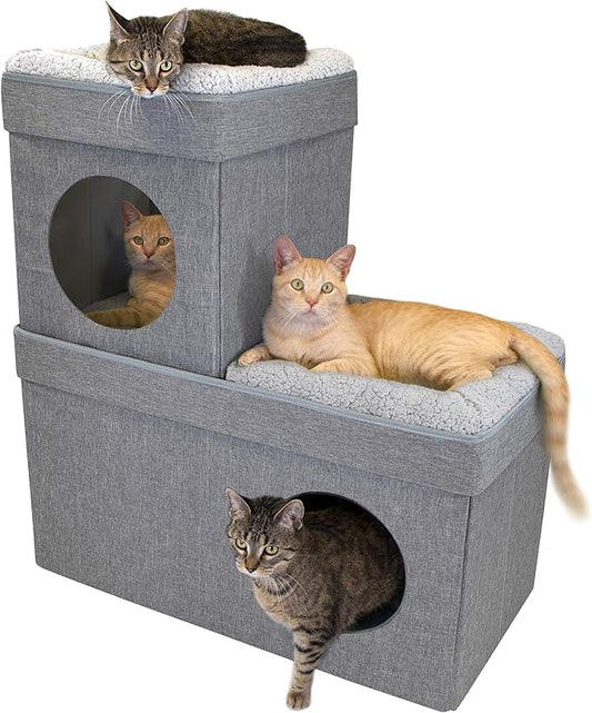 Kitty City Large Stackable Cat Condo & Cube House, Modular Indoor Cat Furniture with Plush Washable Beds, Collapsible Cat Cave & Lounging Ottoman, Grey