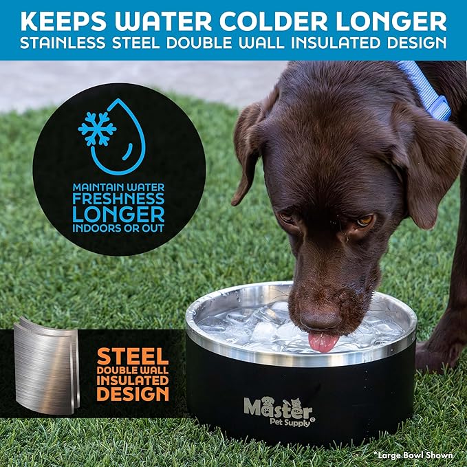Master Pet Supply Stainless Steel Dog Bowls - 64 oz, Heavy Duty - Black Velvet, Double Wall Extra-Thick Insulated, Non-Slip Pet Water Bowl for Dogs, Cats & Pets, Anti Rust Metal, Dish Washer Safe