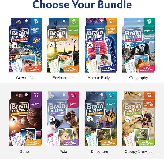 Brain Busters Card Game for Kids, Family Trivia Game Bundle with 120 Flash Cards - Learn and Play with Multiple Choice Trivia Cards About Environment, Insects, Geography and Pets (Ages 6+)
