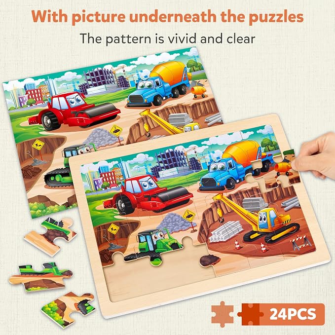 SYNARRY Large Wooden Construction Vehicle Puzzles for Kids Ages 4-6 | Monster Truck Puzzles for Kids Ages 3-5, Birthday Gifts for Boys & Girls, Educational Construction Toys, Screen-Free Play