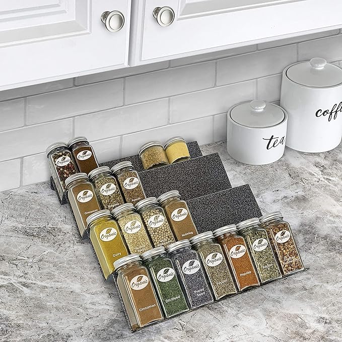 LYNK PROFESSIONAL® Spice Drawer Organizer - Heavy Gauge Steel 4 Tier Rack - Drawer Insert Tray for Jars, Herbs and Seasoning - Kitchen Cabinet Storage - Silver Metallic, Large