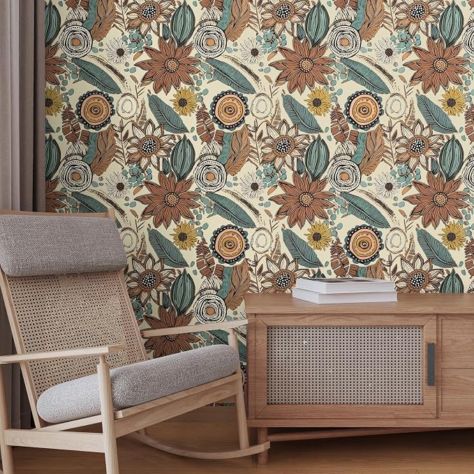 Boho Wallpaper Peel and Stick, Retro Floral Contact Paper 17.5" x 393.7"