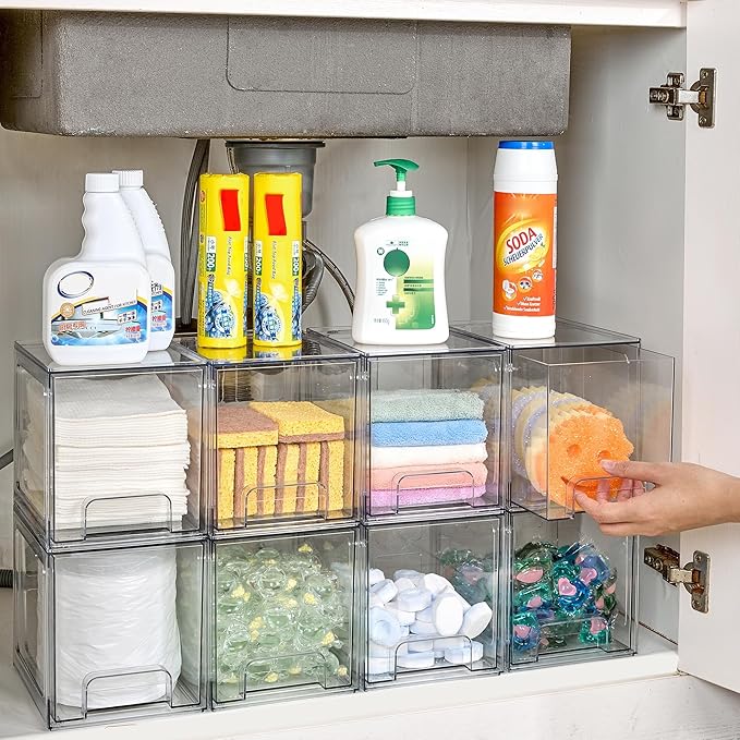 Vtopmart 8 Pack Stackable Under Sink Organizer Drawers, Clear Acrylic Storage Bins for Kitchen and Bathroom Cabinets, Baby Bottles, Cleaning Supplies, 6.6'' Tall Space-Saving Drawer System