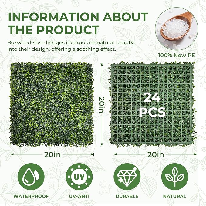 Artificial Grass Wall Panel Screen: 20"x20" 24P UV-Anti Faux Boxwood Panels