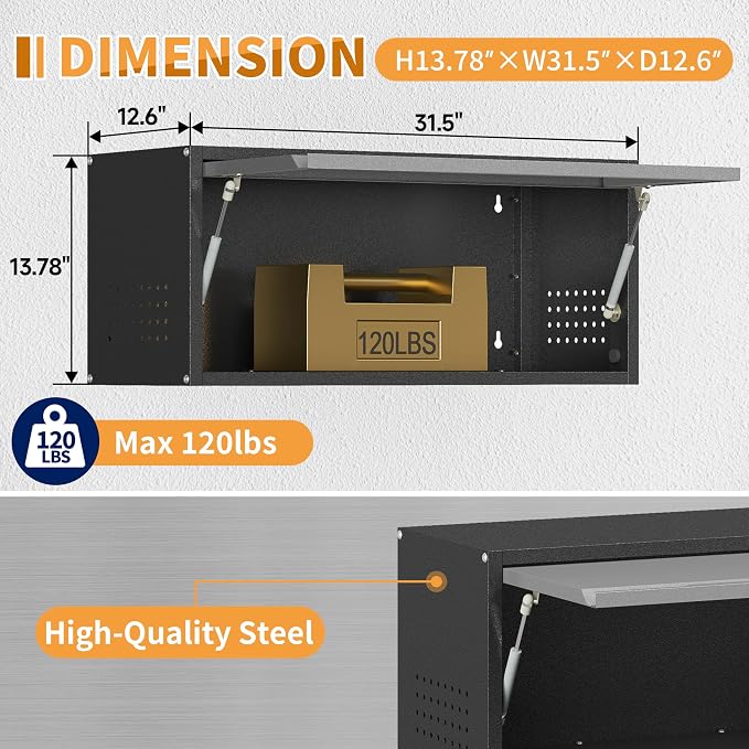 Metal Garage Wall Cabinet with Up-Flip Door, Wall-Mounted Steel Storage Cabinet